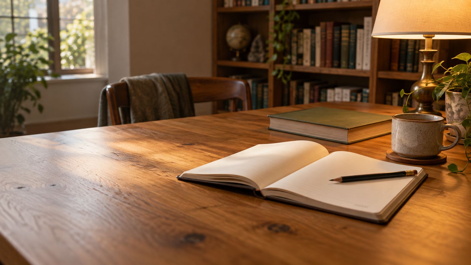 Open blank notebook on a warm library table beside a lamp